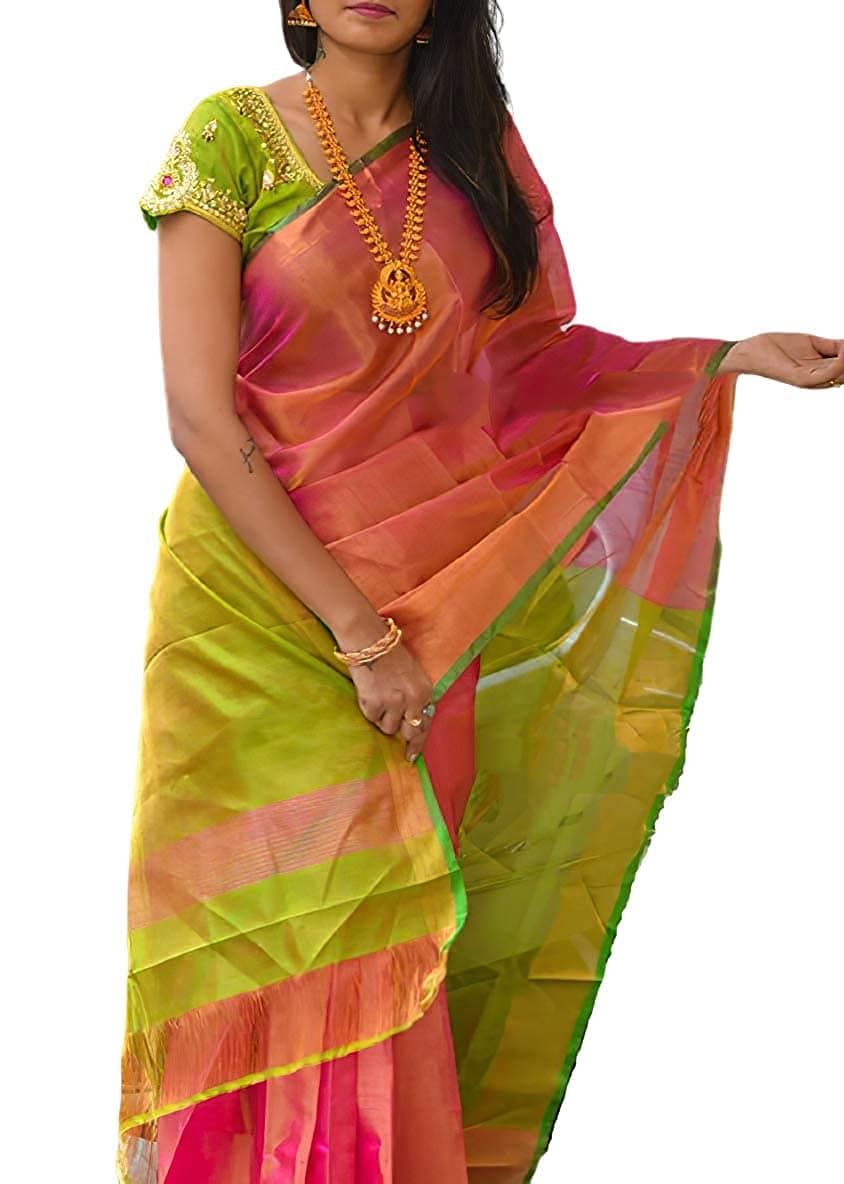 HAIDER ALI AND SONS Women's Tissue Linen Saree with Blouse (PINK)