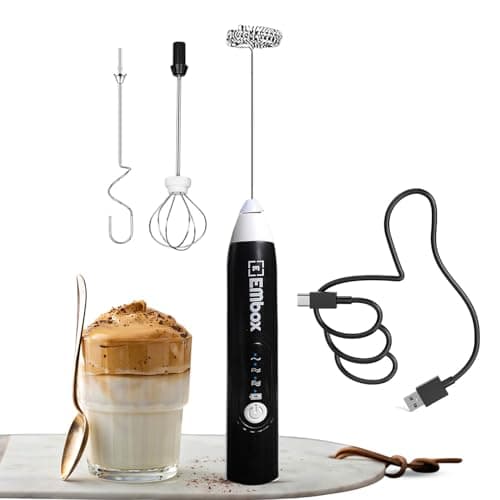 EMBOX Coffee Frother Electric | Coffee Maker | Double Spring Kit with Type-C Rechargeable Cord | Milk frother for Cappuccino Cream and Egg Whisker | Electric Blender Mixer (3 Whisk, Black)