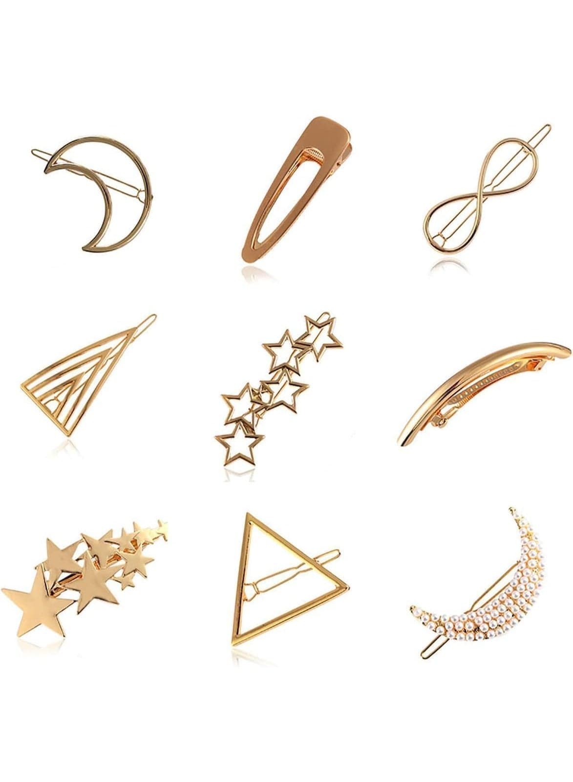 9 Pcs Hair Barrettes, Vintage Minimalist Gold Hair Clips, Elegant for Lady Girl, Bowknot Circle Moon Star, Party Wedding Daily Wearing