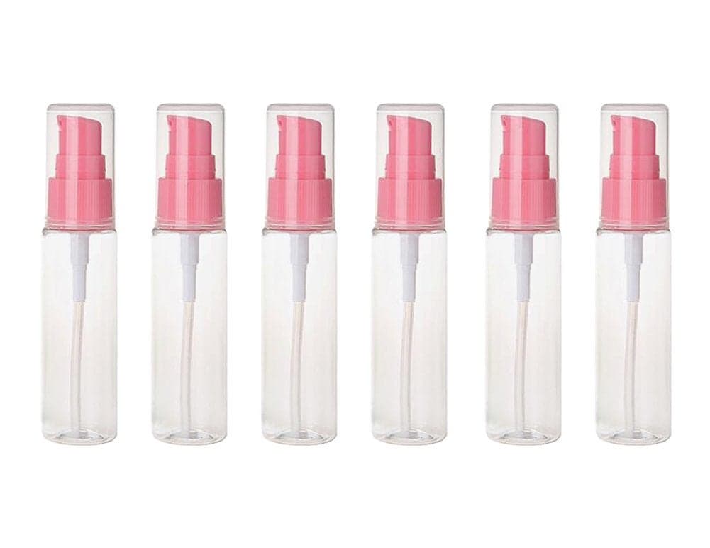 6PCS 30ml/1oz Empty Plastic Pump Vial Packing Bottles with Transparent Cap-Face Cream Jar Pot Makeup Travel Cosmetic Storage Container Holder for Lotion Bath Shower Dispenser (Transparent+Pink)