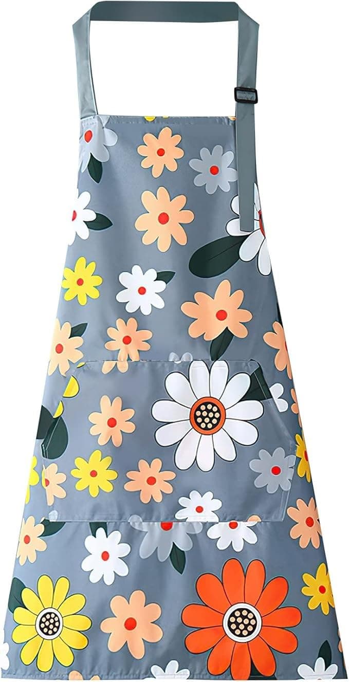 DARSHANAM WORLD Apron for Women with Pockets, Adjustable Waterproof Floral Chef Aprons for Kitchen, Gardening, Cooking, BBQ or Baking,Dusting, Home. (GREY)