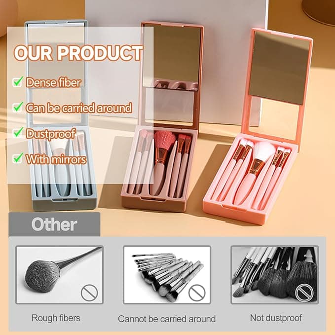 Travel Makeup Brush Set 5 PCS Mini Brushes with Mirror Portable Pink