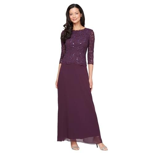 Alex Evenings Women's 3/4 Sleeve Stretch Lace Bodice One Piece Mother of the Bride Dress (Petite and Regular Sizes), Deep Plum, 10 Petite US