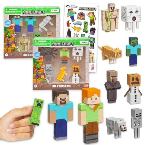 Minecraft Party Favor Set - Bundle with 12 Video Game Erasers Featuring Creeper, Zombie, More Plus Stickers | Minecraft Party Supplies Kit for Kids, Boys, Girls