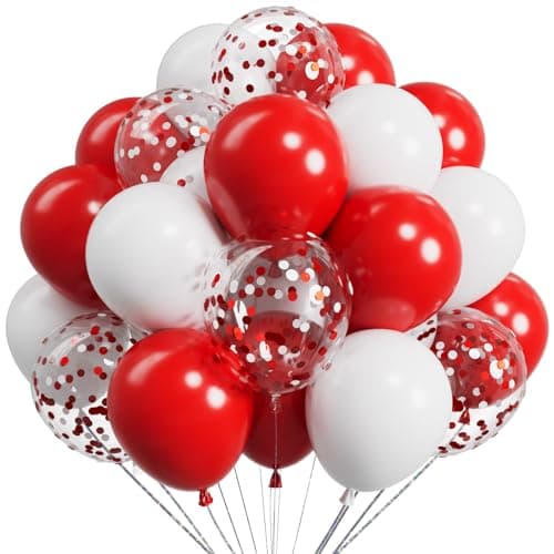 Sulalaboo Metallic Red and White Balloons 12Inch 73PCS White Red Confetti Latex Balloons Shiny Helium Balloon Set for Birthday Anniversary Graduation Party Decorations