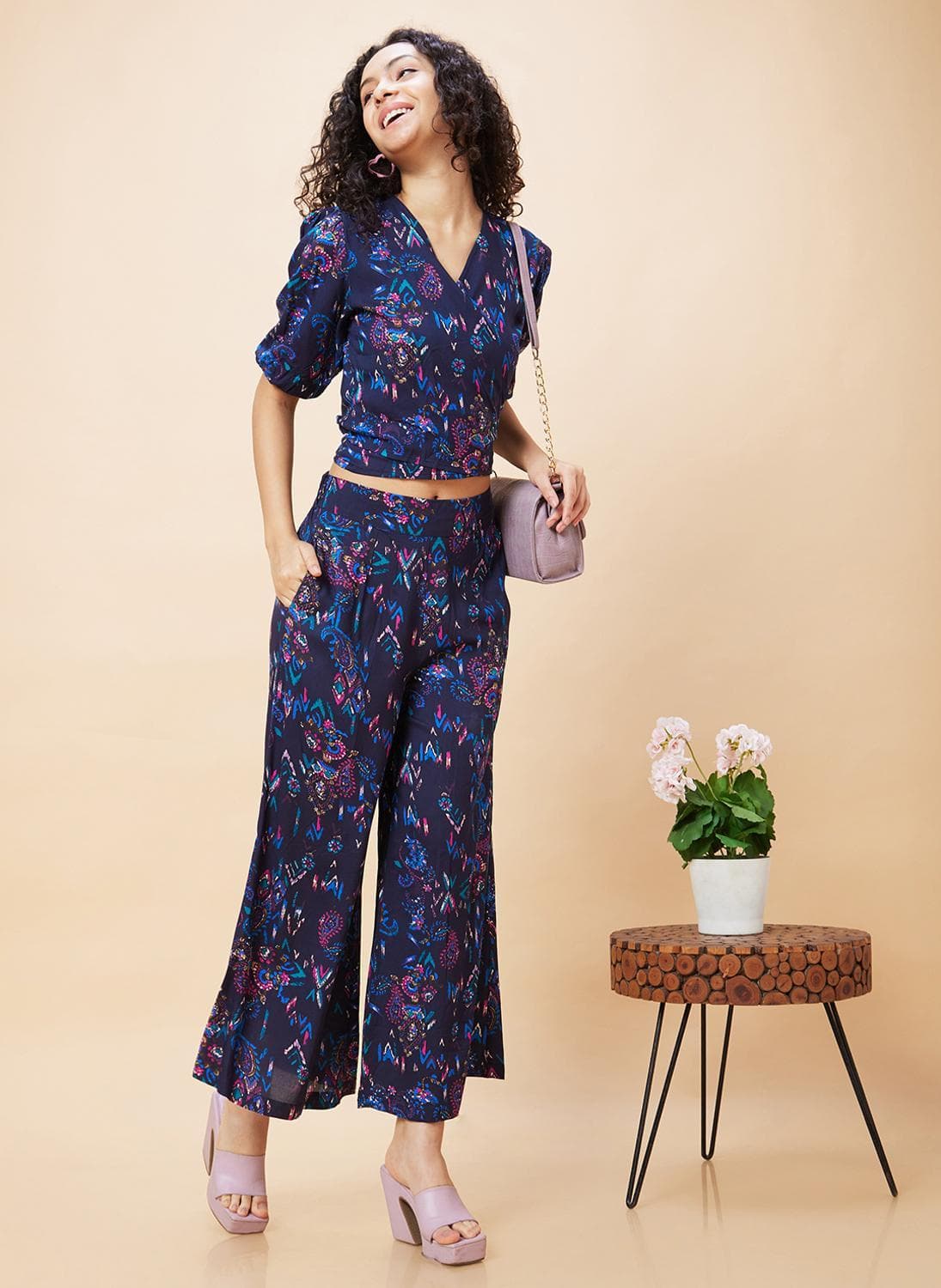 Globus Women Paisley Print Wrap Tie-Back Crop Top & Flared Palazzos Co-Ord Set
