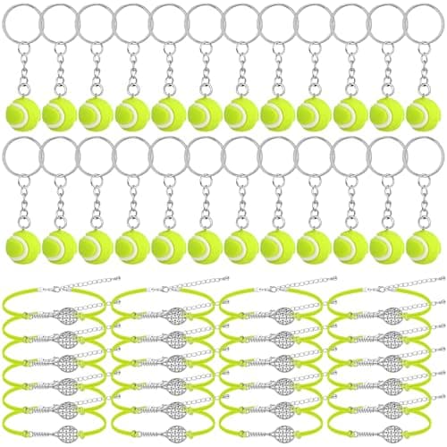 Sureio 48 Pcs Tennis Party Favors Gifts Bulk 24 Charm Bracelets 24 Ball Keychain Key Ring Metal Tennis Balls Easter Party Supplies for Adults Women Sport Lovers Team Accessories