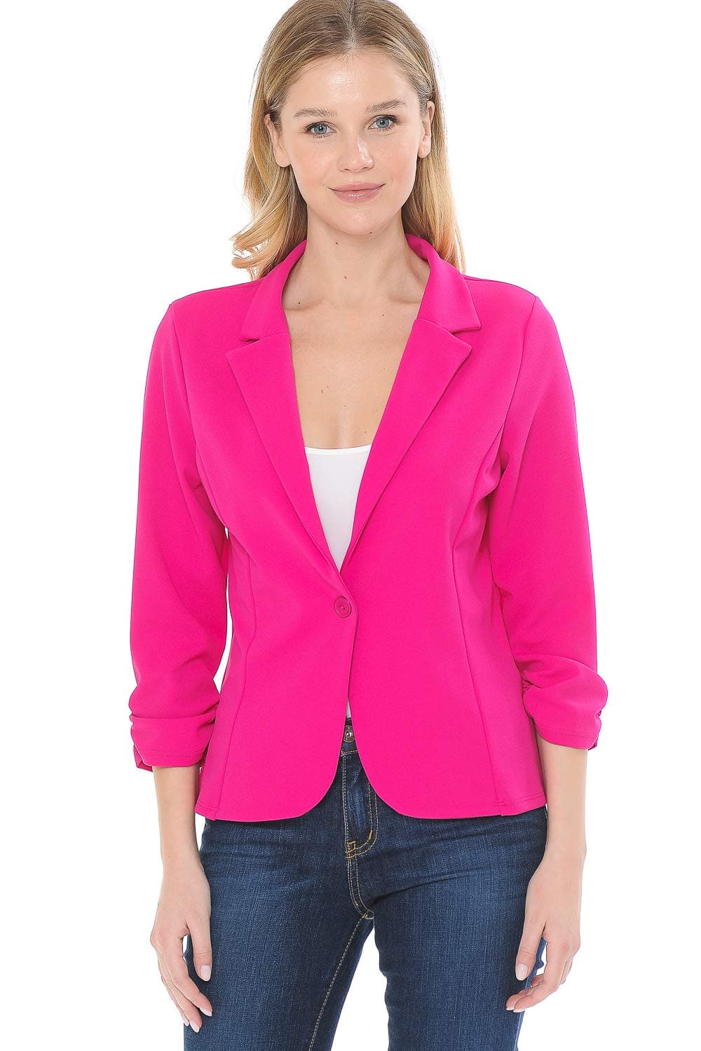MINEFREE Womens 34 Sleeve Lightweight Casual Work Knit Blazer Jacket Solid Fuchsia 2XL