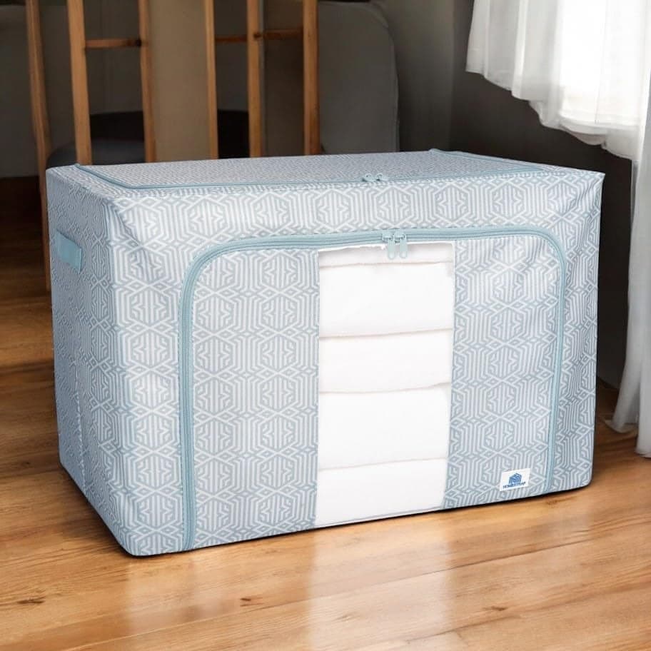 HomeStrap 100L Foldable Large Living Box | Oxford Fabric Organizer with Stainless Steel Frame, Transparent Window, Zipper & Handles | Ideal for Comforters, Clothes, Quilts (Pack of 1)