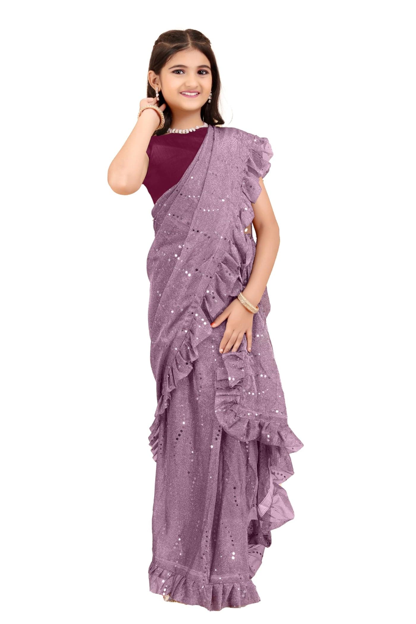 Xavima Girls Kids Silk Supernet Embellished Ready To Wear Saree With Unstitched Blouse Piece- Wine_Size : 9_10 Years