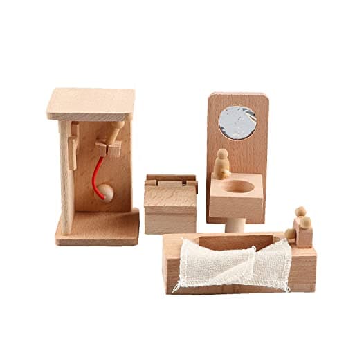 AUTHFORT Doll House Miniature Wooden Furniture Bathroom Set Dollhouse Chair Dresser Bathtub Toilet Doll House Stacking and Painting KIT, Stacking Game for Kids