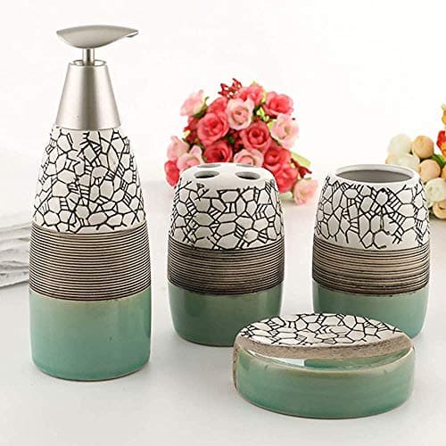 Skywalk Ceramic Bathroom Set of 4 Pieces - Soap Dispenser, Beaker/Tumbler, Soap Dish, Brush Holder for Bathroom Decor and Home Gift Set