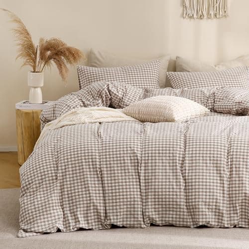 TOCOMOA Tan Gingham Duvet Cover Bedding Set 100 Washed Cotton Like Linen Feel Super Soft Comfy 3 Piece Brown Vintage Plaid Checkered Fall Comforter Cover Set Full 80x90 Comforter Not Included