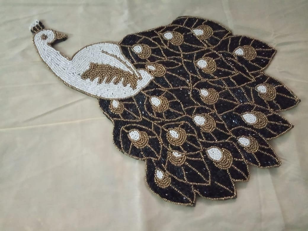 ADITYA IMPEX Poleyster placemats Beaded Design14 INCH Black Nd White Peacock emb Pattern Best for BedSide TableCenter Table Dining TableShelves