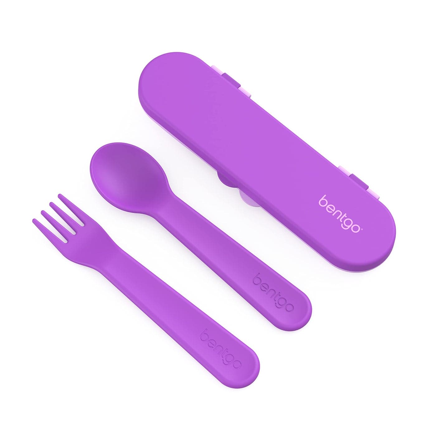 Bentgo Kids Utensil Set Reusable Plastic Fork Spoon Storage Case BPAFree Materials EasyGrip Handles Dishwasher Safe Ideal for School Lunch Travel Outdoors Purple