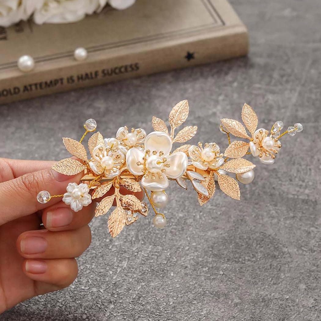 JAKAWIN Bride Flower Wedding Hair Piece Leaf Hair Clip Pearl Headpiece Bridal Hair Accessories for Women FJ03 Gold