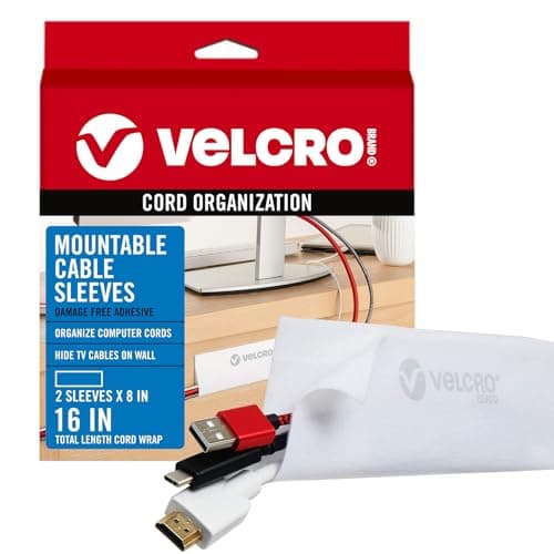 VELCRO Brand Cable Sleeves. Organize Messy Wires on Desk, Behind TV or Game Console. 16-Inch (2x8in) White. Removable Adhesive Mounts to Smooth Surfaces