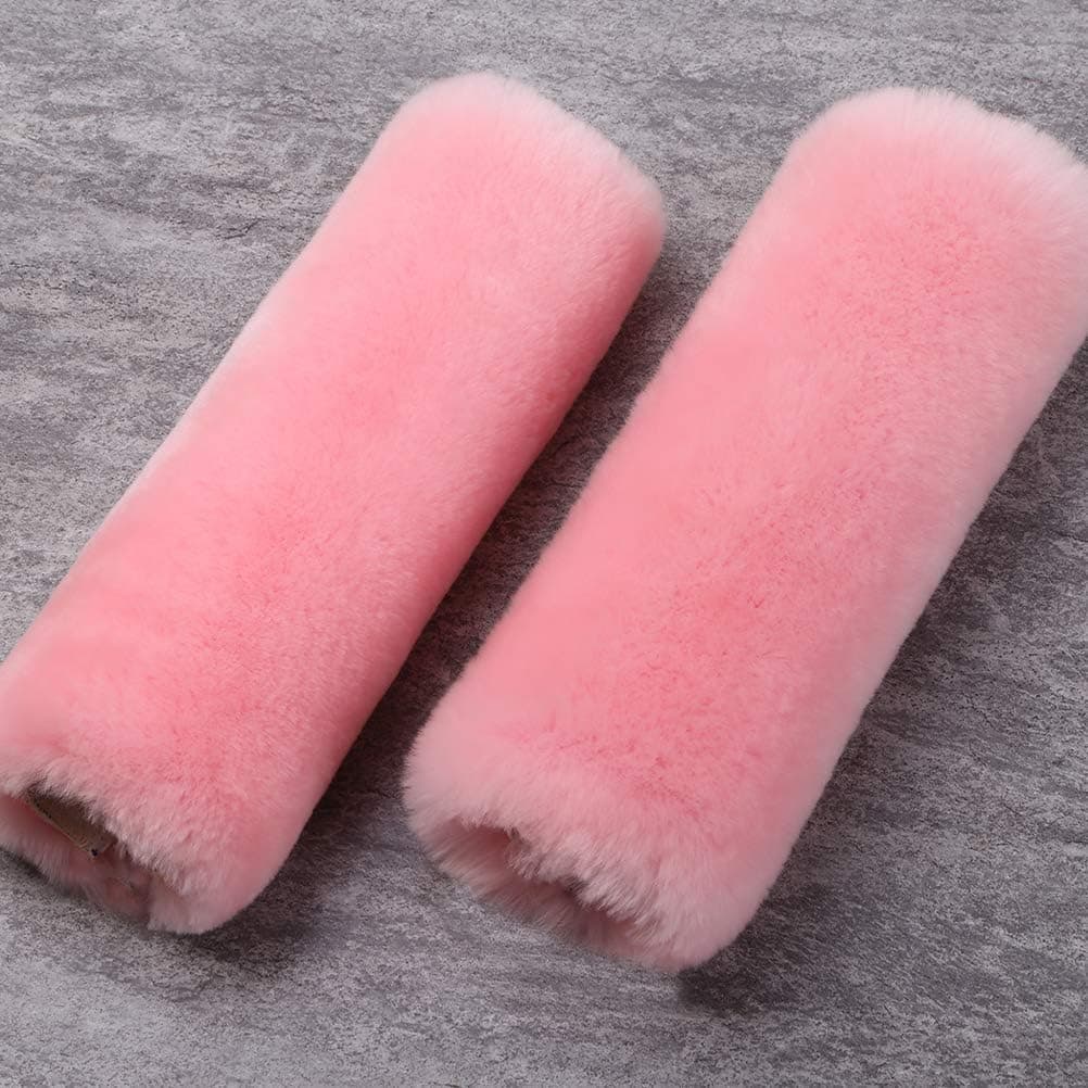 OGLAND 2 Pack Automotive Authentic Sheepskin Car Seat Belt Pads - Soft Shoulder Pad & Neck Cushion Protector in Korean Pink