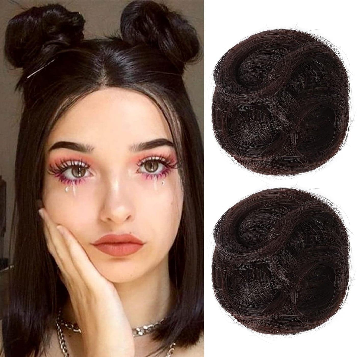 REECHO 2 PCS Mini Claw Clip in Messy Cat Ears Hair Bun Extensions HB001 Wig Accessory Updo Hairpieces for Women Girls Pack of 235 Wavy Dark Brown