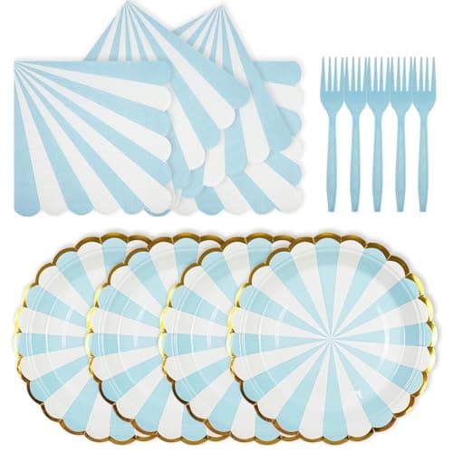 Xjoviative 72PCS Blue Paper Plates and Napkins Party Supplies, Gold Foil Edge Scalloped Striped Paper Plates Napkins Disposable Tableware Set for Birthday Wedding Baby Shower Party Decoration (Blue)