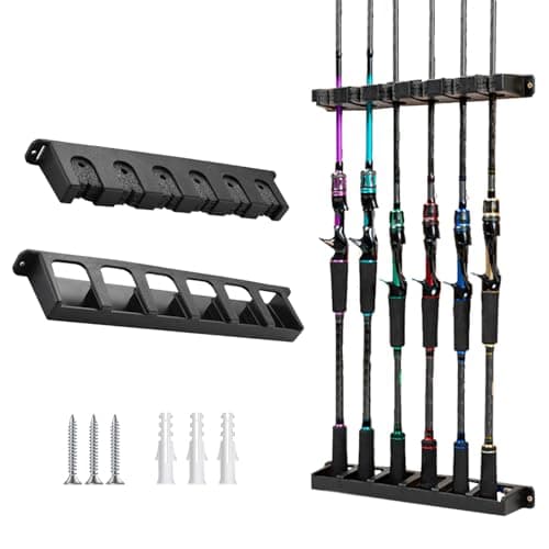 Tcakelox Fishing Rod Holder for Garage Fishing Pole Holders Fishing Rod Rack Vertical WallMounted for Garage Stores 6 Rods or Combos Fits Most Rod Diameters Vertical Black 1 Pair