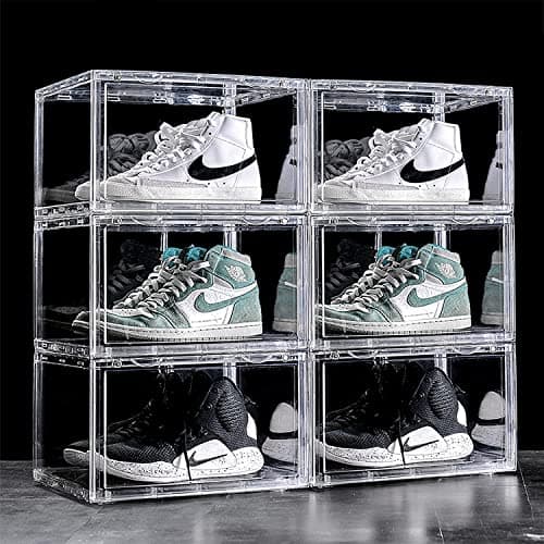 KEEKOS Shoe Organizer Boxes Black Plastic Stackable Shoe Storage Bins For ClosetShoe Holder Sneaker Display Case (Transparent, PACK-OF-6)