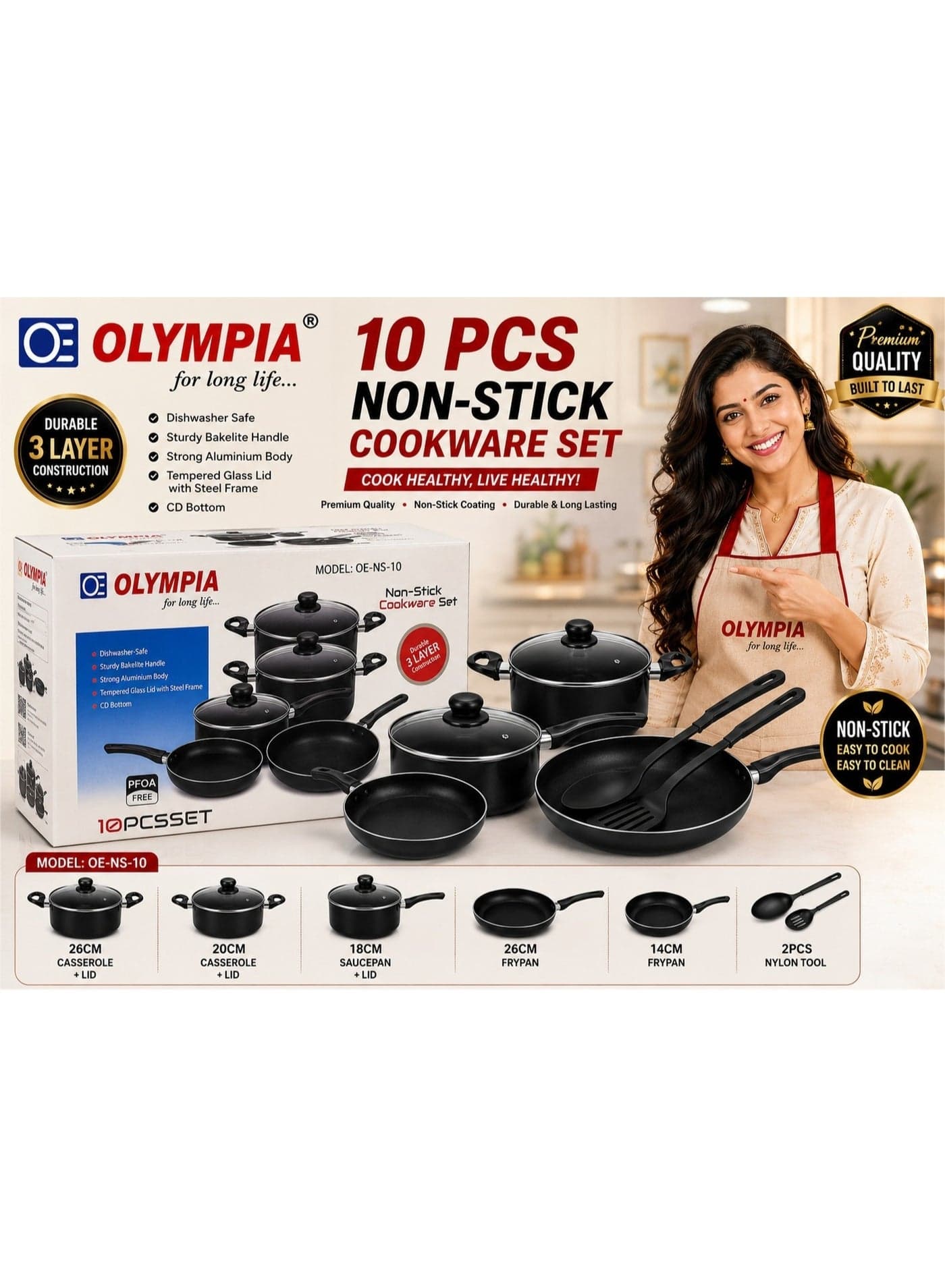 Olympia Non-Stick Pots and Pans Set – Complete 10-Piece Kitchen Cookware Collection