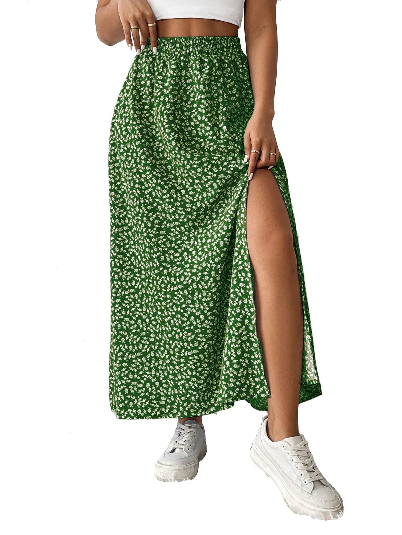 KATECLO Women's Long Slit Skirt | Stylish Full-Length Skirts for Women (in, Alpha, M, Regular, Green)