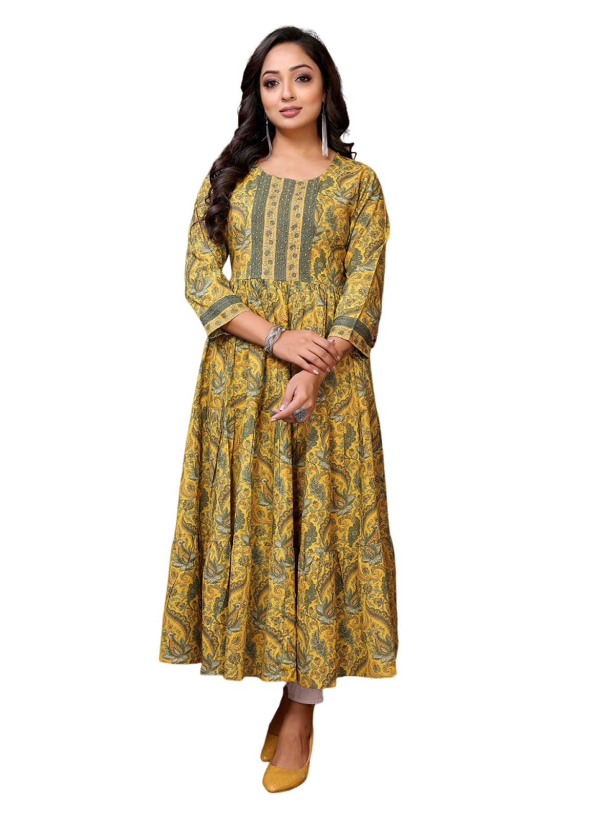 rangita Yellow Cotton Calf Length Embroidered Tiered Flared Kurti | Kurta for Women_M