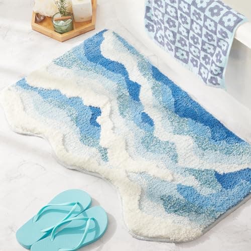 DyeFury Blue Ocean Wave Bath Mat, Cute Funky Bathroom Rugs for Coastal Beach Nautical Themed Decor, Non-Slip Washable Accent Rug for Bedroom Kitchen, Trendy Tufted Shower Mats 31"x 21"