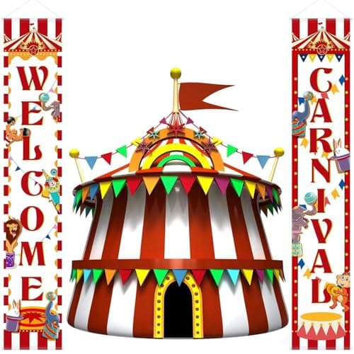Blulu 2 Pcs Carnival Decoration Porch Banner Welcome to the Circus Door Banner Halloween Carnival Hanging Decoration Circus Porch Sign for Home Front Door Classroom Birthday Baby Shower Party Supplies