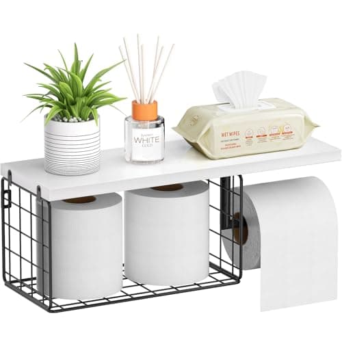 VITVITI Toilet Paper Holder with Shelf, Wall Mounted Toilet Paper Storage Basket, Wood Metal Toilet Roll and Wipes Holder for Bathroom Farmhouse (White)