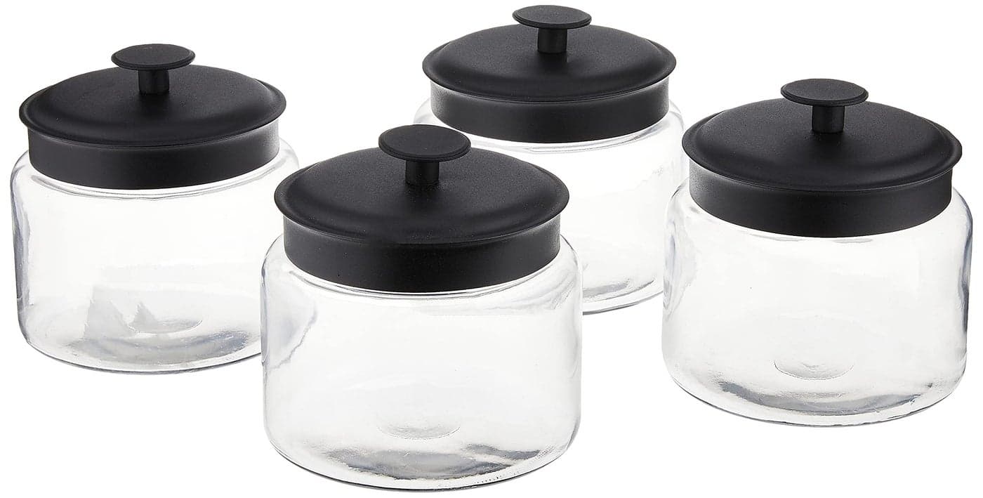 Anchor Hocking Montana Glass Jars with Fresh Sealed Lids, Black Metal, 48 oz (Set of 4) -