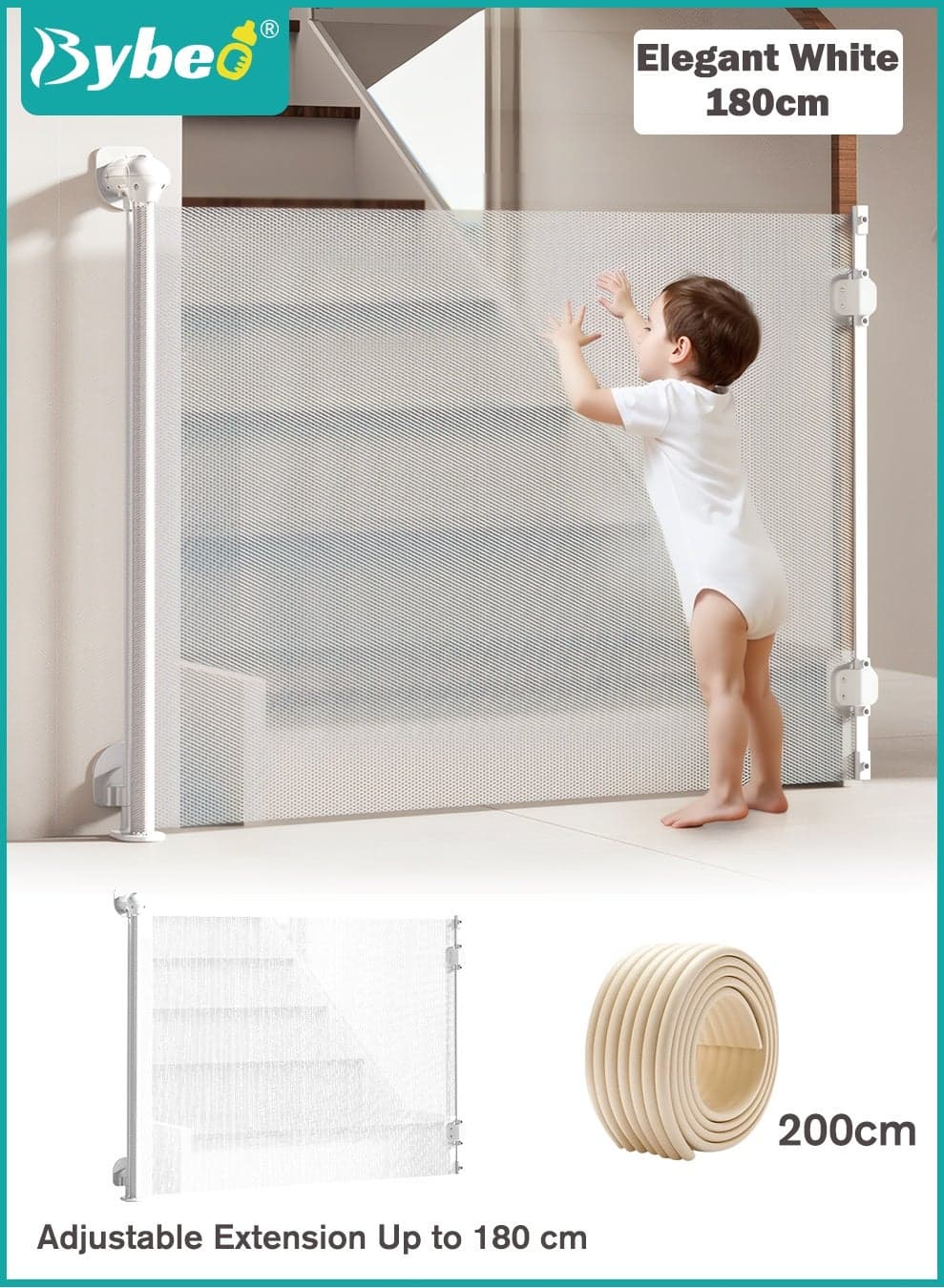 Retractable Baby Safety Gates + Baby Proofing Edge Set, for Door & Stair, Mesh Pet Gate for Stairs & Doorways, Extra Wide Baby Gates to 180cm, Indoor Toddler Play Fence, 80cm Tall With 2M Proofing Edges