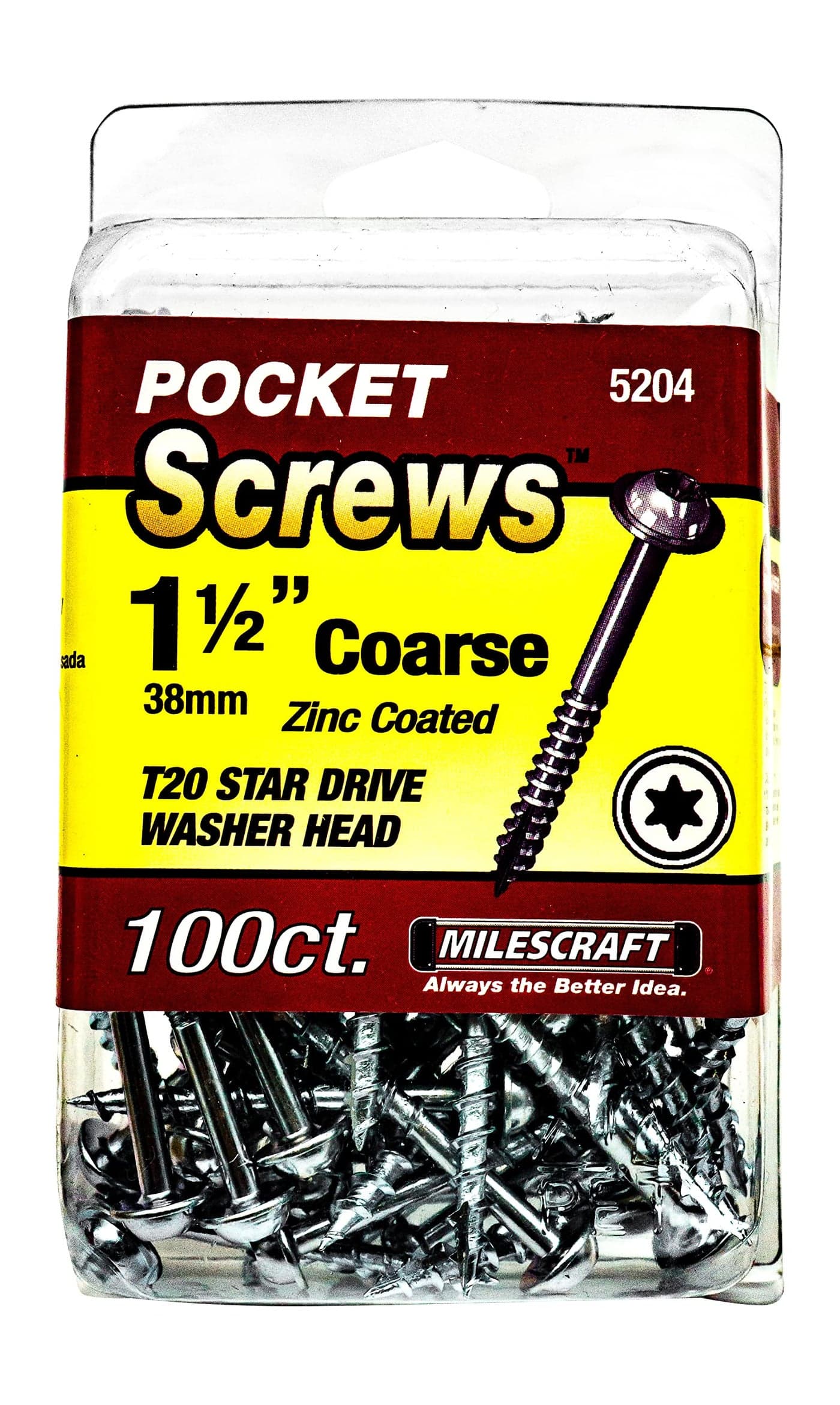 Milescraft 5204 Wood Pocket Hole Screws 7 x 112 Washer Head with Coarse Thread 100pc Torx Drive SelfTapping for Indoor Use