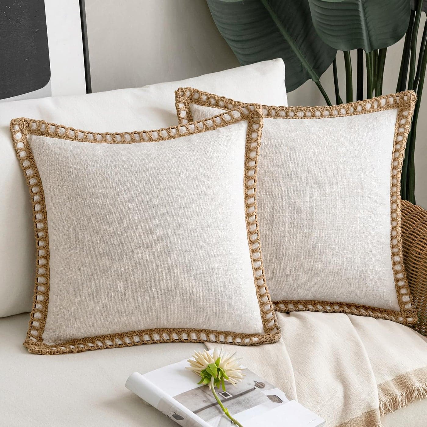 MIULEE Pack of 2 Decorative Throw Pillow Covers Modern Farmhouse Outdoor Pillow Covers Neutral Linen Burlap Cushions for Couch Bed Living Room Sofa Natural White 18 x 18 inches 45 x 45 cm
