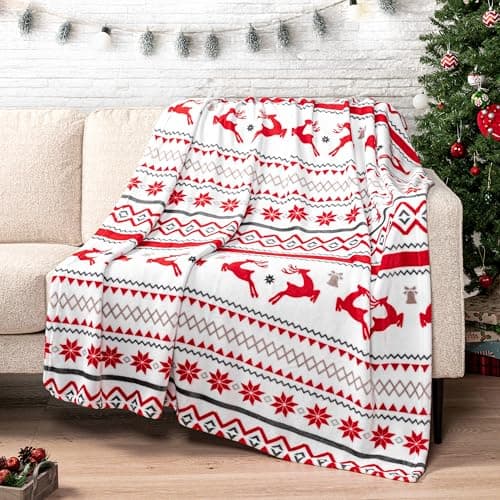 PAVILIA Christmas Throw Blanket | Holiday Christmas Reindeer Snowflakes Fleece Blanket | Soft, Plush, Warm Winter Cabin Throw, 50x60 (White Reindeer)