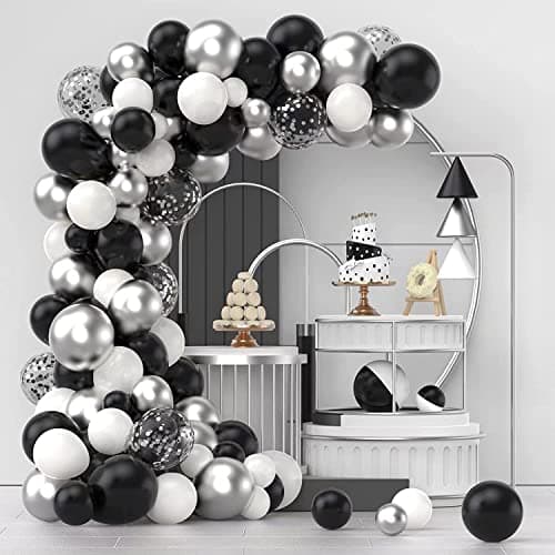 Lazybeee Black Silver White Confetti Balloons Arch Kit, 120 PCS 12in 10in 5in Latex Balloons Garland Arches Kit for Birthday, Wedding, Anniversary, Celebrations Party Decoration