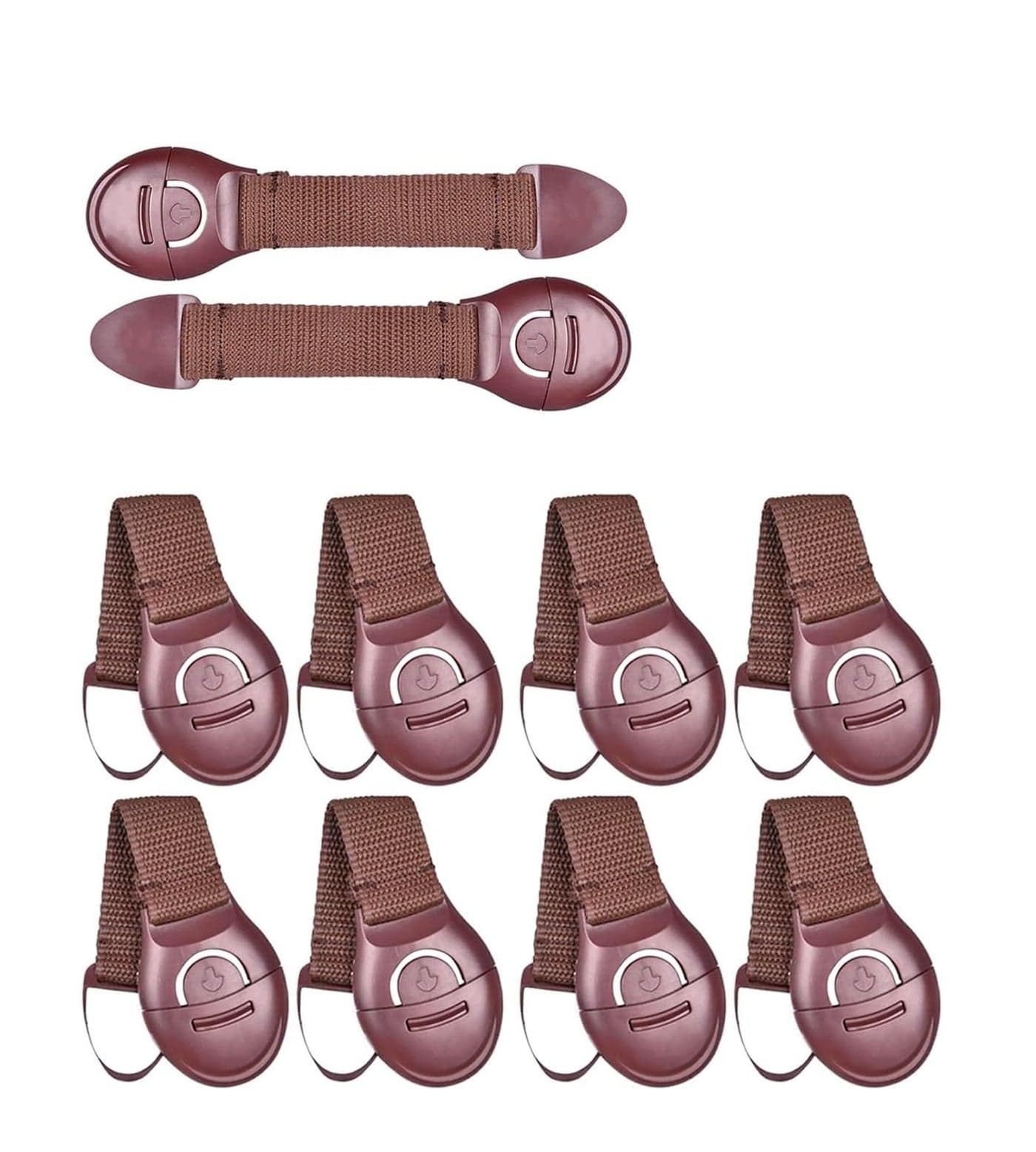 GLUN® Drawer Locks Belt One Side Release Buckles Clips Strong Double Side Tape, Locks for Drawers, Cabinets, Fridge, Cupboard Safety Locks Pack of 10 (Brown 10 Pcs)