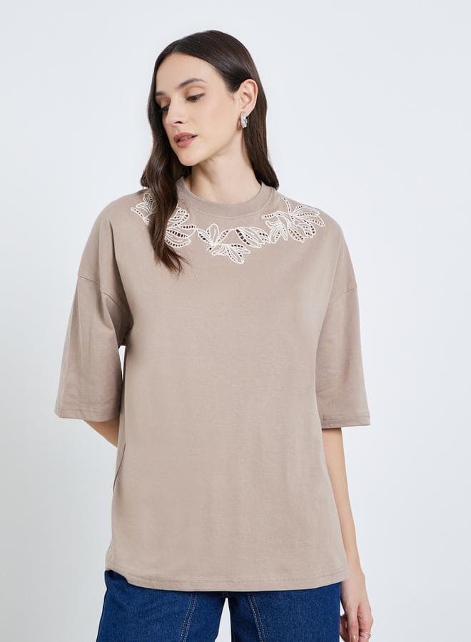 Women Beige Embroidered Oversized T-Shirt