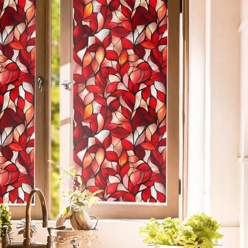 REDAMANCY Fire Red White Leaf Stained Glass Window Film Decorative Double-Side Privacy Film Self-Adhesive Static Glass Window Clings for Living Room Bathroom 15.7x118in/40x300cm