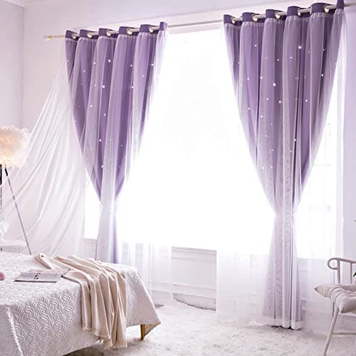 Tongcan Purple Star Curtains for Girls Bedroom Double Layer Star Cut Out Curtain for Living Room 2 Panels Set 63 Inch Hollow Out Blackout Curtains for Nursery Purple 2 Panels W52 X L63 Inches