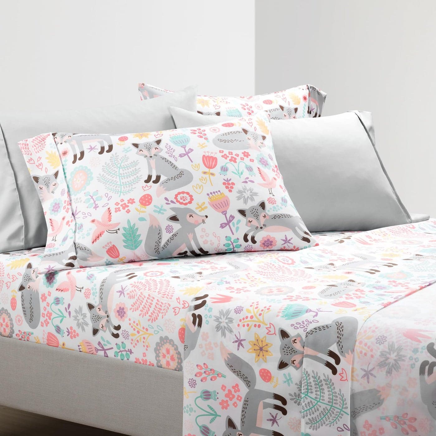 Lush Decor Pixie Fox Soft Sheet Set 4 Piece Set Twin Gray Pink Toddler Bedding Set for Girls Kids Whimsical Sheet Set Woodland Bedroom Decor