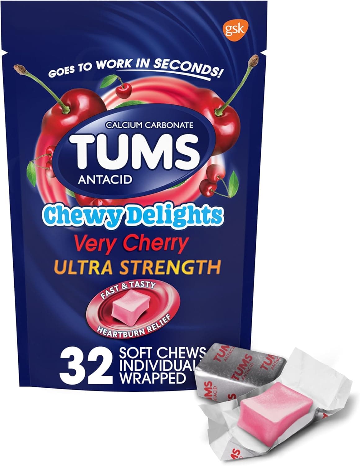 TUMS Chewy Delights Ultra Strength Antacid Soft Chews for Chewable Heartburn Relief and Acid Indigestion Relief Very Cherry 32 Count