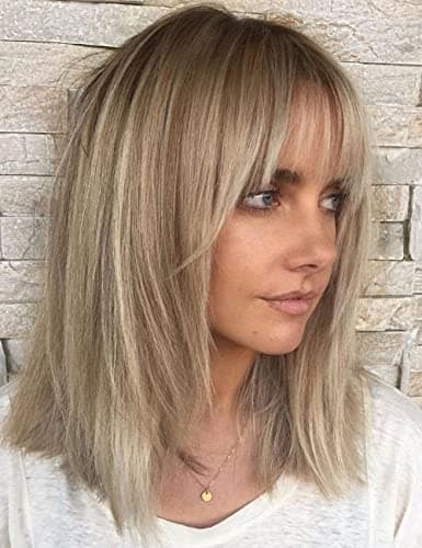 RENERSHOW Short Ombre Blonde Wig with Bangs Layered Straight Bob Synthetic Wigs for Women Mixed Blond Wig with Dark Roots Natural Looking Daily Party Wig(14inch)