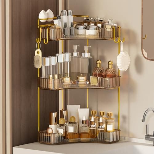 Greenby 3-Tier Corner Bathroom Counter Organizer,Makeup & Skincare Shelf with Built-in Brush Holder,Space-Saving Bathroom Countertop Organizer for Skincare, Perfume, Cosmetics(Amber)