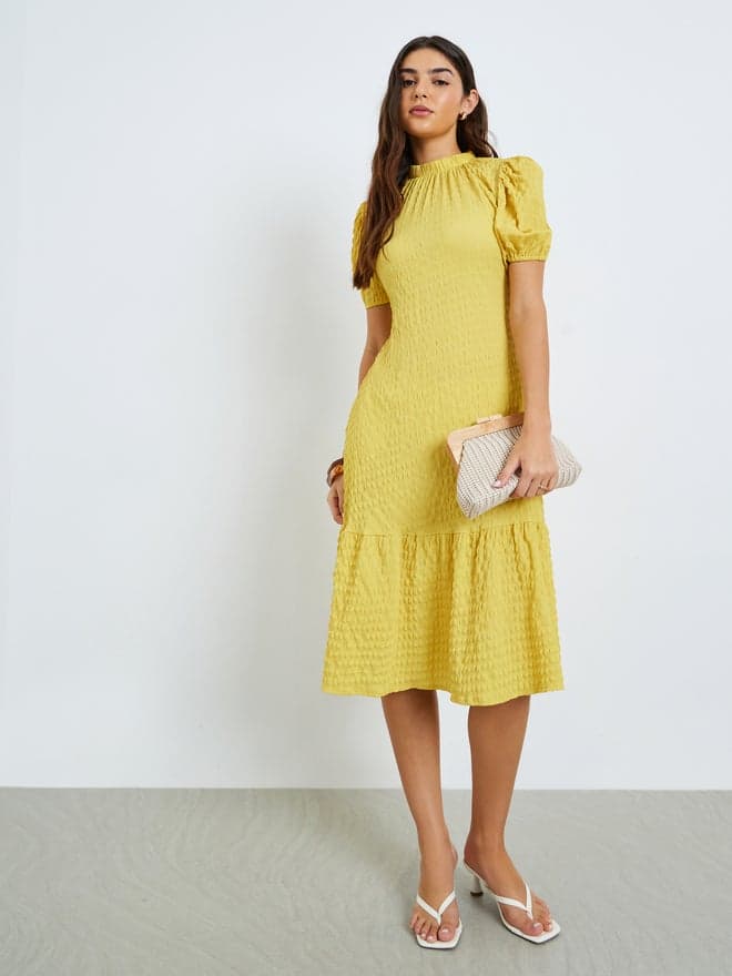 Styli Yellow Textured Puff Sleeves Midi Dress