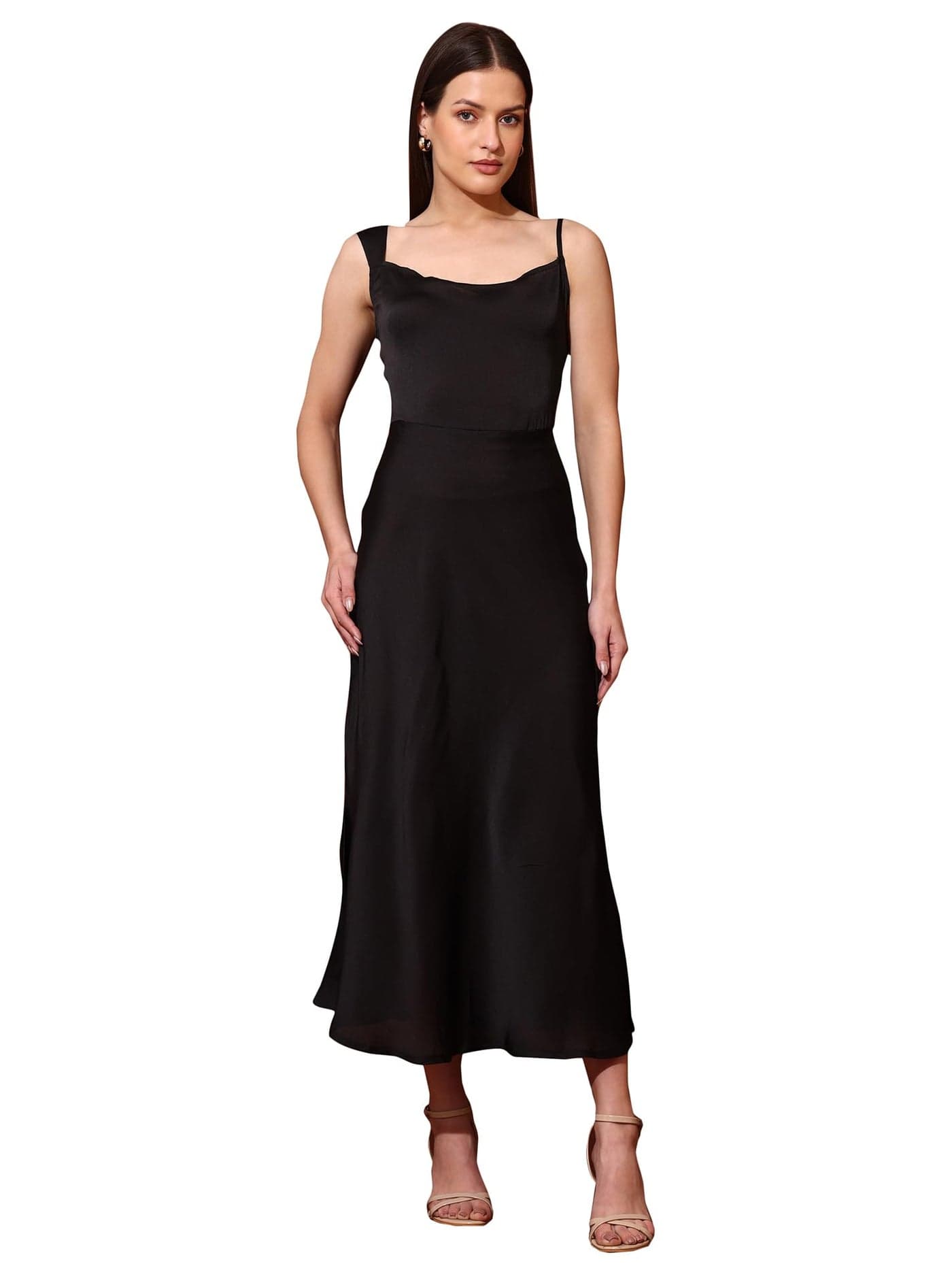 PURVAJA Women’s Cowl Neck Silk Blend Maxi Dress (Floe-115-S_Black)