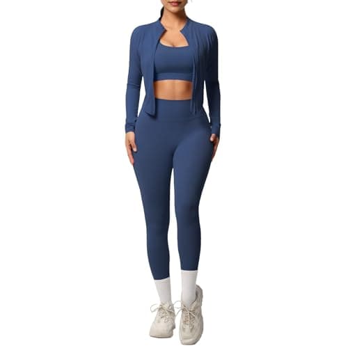 MUMANAIXI 3 Piece Women’s Workout Set – Zip-Up Jacket, Cross Back Sports Bra & High-Waist Leggings – Stretchy Breathable Yoga Outfit for Gym, Running, Fitness, Daily Wear