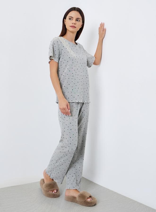 Polka Dot Print Ribbed T-Shirt and Pyjama Set